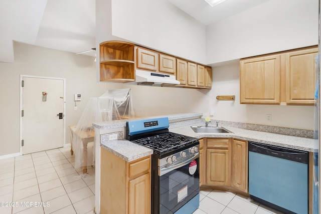 200 Paterson Plank Rd Unit 302, Union City, NJ 07087 - kitchen featuring dishwasher, stainless steel gas range, under cabinet range hood, open shelves, and light tile patterned floors