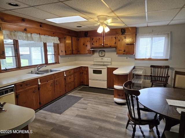 10 Weston Pl, Eatontown, NJ 07724 - kitchen featuring white appliances, brown cabinets, light countertops, plenty of natural light, and a paneled ceiling