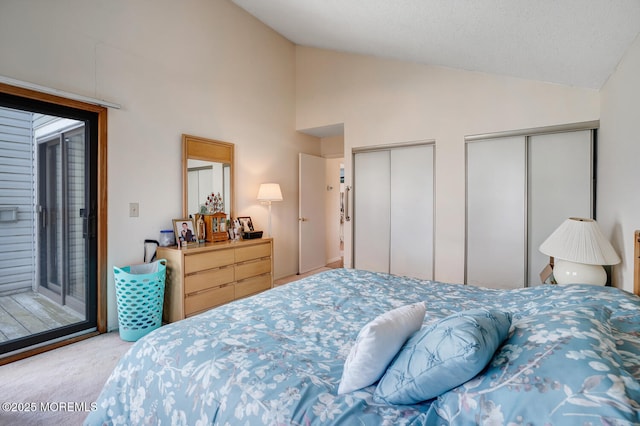1856 Mill Creek Rd, Beach Haven West, NJ 08050 - bedroom featuring carpet floors, multiple closets, high vaulted ceiling, and access to outside