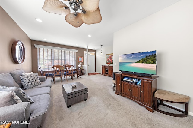 45 Marigold Ln, Little Egg Harbor, NJ 08087 - living room featuring light colored carpet, a ceiling fan, and recessed lighting