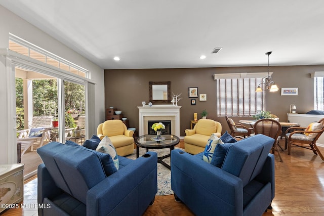 45 Marigold Ln, Little Egg Harbor, NJ 08087 - living room with recessed lighting, a fireplace, and wood finished floors