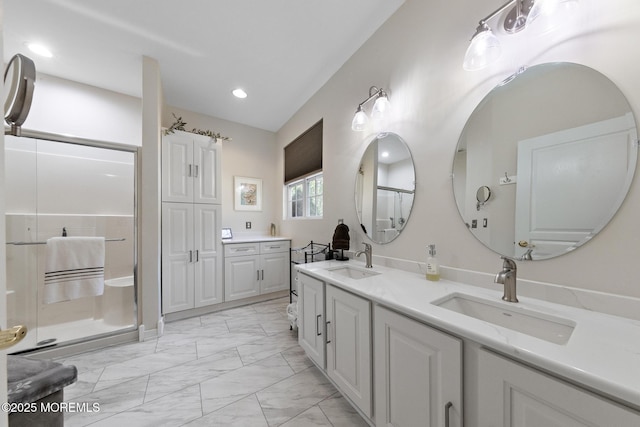45 Marigold Ln, Little Egg Harbor, NJ 08087 - bathroom with marble look tiles, double vanity, a shower stall, and recessed lighting