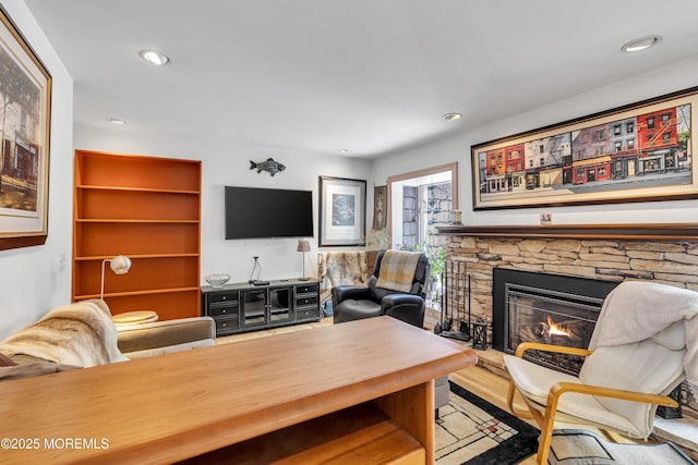14 Copperfield Ct, Eatontown, NJ 07724 - living area featuring a stone fireplace, wood finished floors, and recessed lighting