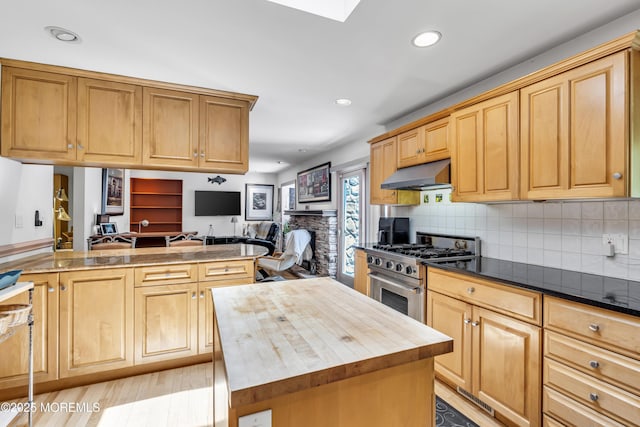 14 Copperfield Ct, Eatontown, NJ 07724 - kitchen featuring wooden counters, high end stainless steel range, open floor plan, tasteful backsplash, and recessed lighting