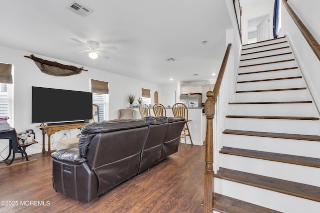 13 Locust St, Highlands, NJ 07732 - living room featuring ceiling fan, dark wood-style flooring, stairway, and recessed lighting