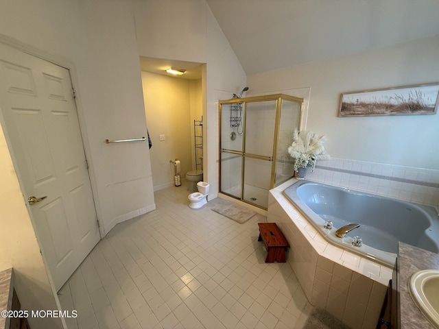 67 Erin Dr, Jackson, NJ 08527 - full bath featuring a stall shower, a bath, tile patterned flooring, lofted ceiling, and vanity