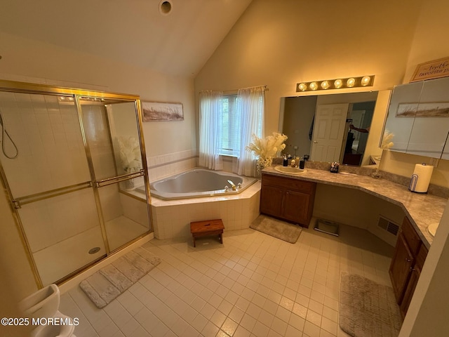 67 Erin Dr, Jackson, NJ 08527 - full bath featuring vanity, a garden tub, tile patterned flooring, a stall shower, and high vaulted ceiling