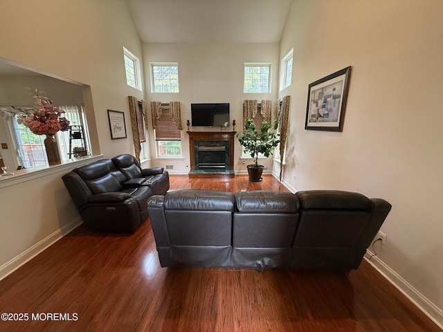 67 Erin Dr, Jackson, NJ 08527 - living area with high vaulted ceiling, wood finished floors, and a high end fireplace