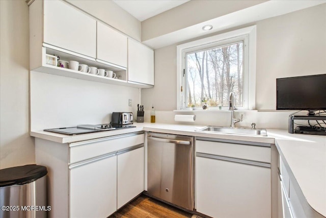 23 Clinton Dr, Manalapan, NJ 07726 - kitchen with stainless steel dishwasher, white cabinets, light countertops, and open shelves