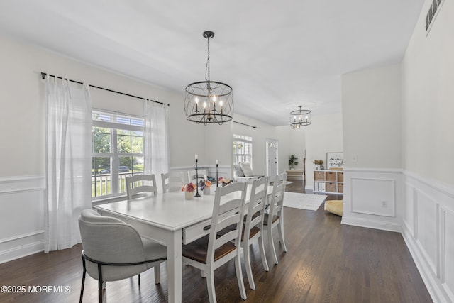 6 Kindling Way, Jackson, NJ 08527 - dining space featuring a chandelier, a decorative wall, wainscoting, and dark wood-style floors