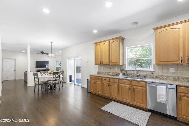 6 Kindling Way, Jackson, NJ 08527 - kitchen with stainless steel dishwasher, tasteful backsplash, light stone counters, recessed lighting, and ceiling fan