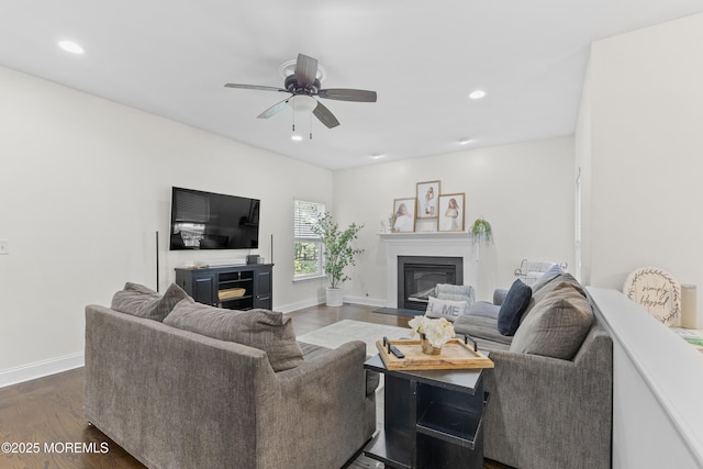 6 Kindling Way, Jackson, NJ 08527 - living area with a glass covered fireplace, ceiling fan, dark wood-style floors, and recessed lighting