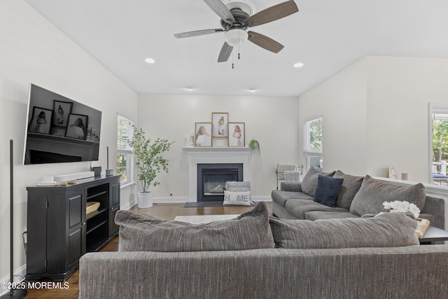 6 Kindling Way, Jackson, NJ 08527 - living room featuring a glass covered fireplace, dark wood-type flooring, a ceiling fan, and recessed lighting