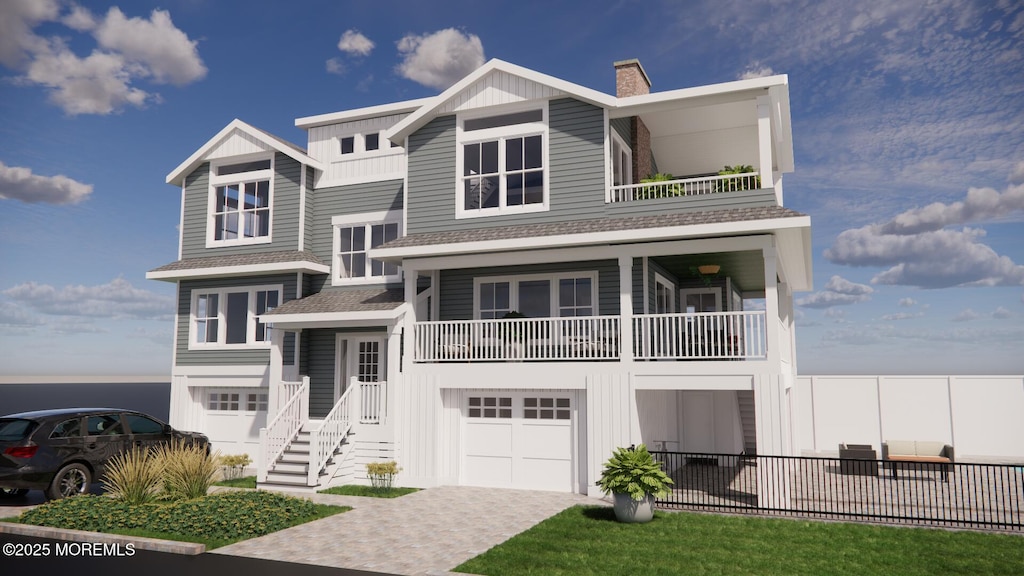 295 N 5th St, Surf City, NJ 08008 - view of front of property featuring a balcony, board and batten siding, an attached garage, a chimney, and driveway