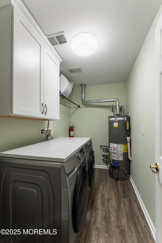 31 Strawberry Ln, Lakewood, NJ 08701 - laundry room featuring water heater, cabinet space, independent washer and dryer, and dark wood-style floors