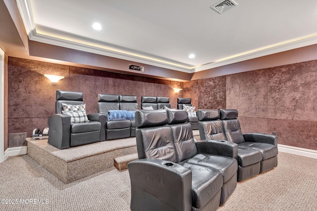 9 Withers Ln, Atlantic Highlands, NJ 07716 - carpeted home theater featuring ornamental molding, a tray ceiling, and recessed lighting