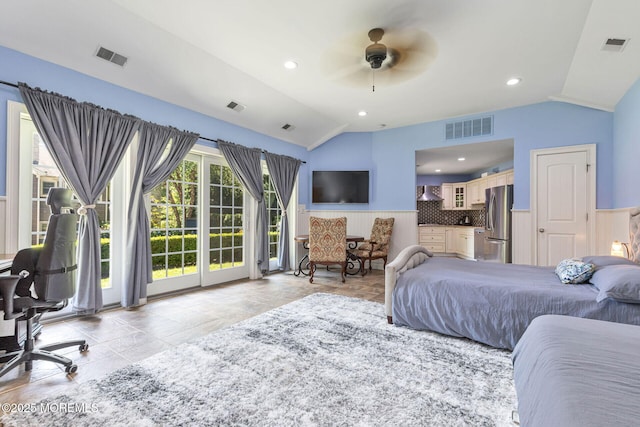 9 Withers Ln, Atlantic Highlands, NJ 07716 - bedroom with freestanding refrigerator, vaulted ceiling, access to outside, ceiling fan, and recessed lighting