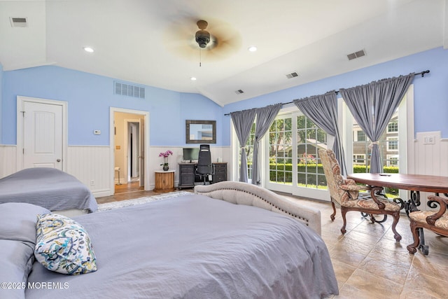 9 Withers Ln, Atlantic Highlands, NJ 07716 - bedroom featuring lofted ceiling, a wainscoted wall, an office area, light stone finish floors, and a ceiling fan