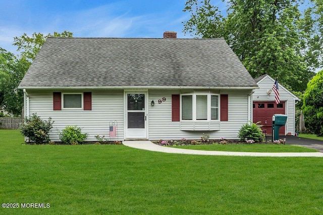 99 Roosevelt Cir E, Red Bank, NJ 07701 - cape cod house featuring a chimney, a garage, a shingled roof, and a front yard