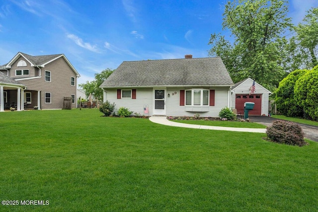 99 Roosevelt Cir E, Red Bank, NJ 07701 - new england style home featuring an outbuilding, asphalt driveway, a garage, a front lawn, and a chimney