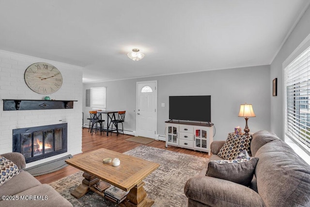99 Roosevelt Cir E, Red Bank, NJ 07701 - living room featuring a baseboard radiator, plenty of natural light, wood finished floors, and crown molding