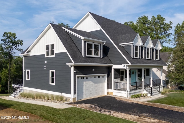 515 Atlantic Ave, Middletown, NJ 07748 - modern inspired farmhouse with board and batten siding, a porch, an attached garage, asphalt driveway, and a shingled roof