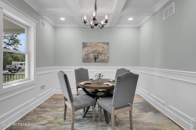515 Atlantic Ave, Middletown, NJ 07748 - dining room with wood finished floors, a chandelier, beamed ceiling, coffered ceiling, and recessed lighting