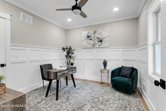 515 Atlantic Ave, Middletown, NJ 07748 - office with a decorative wall, ornamental molding, a ceiling fan, light wood-style floors, and recessed lighting