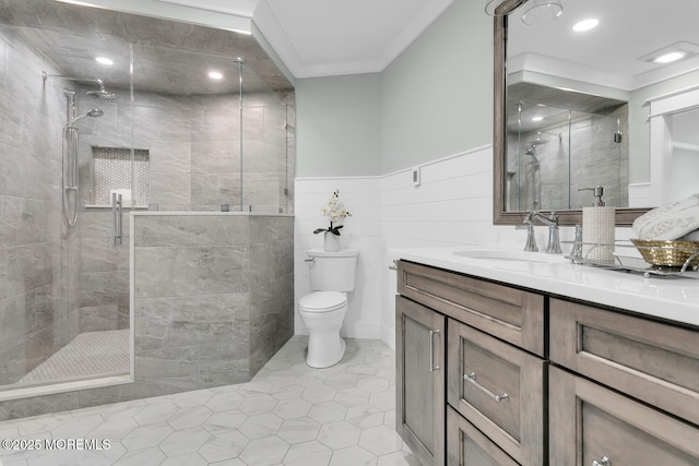515 Atlantic Ave, Middletown, NJ 07748 - bathroom with vanity, ornamental molding, a shower stall, tile patterned floors, and wainscoting