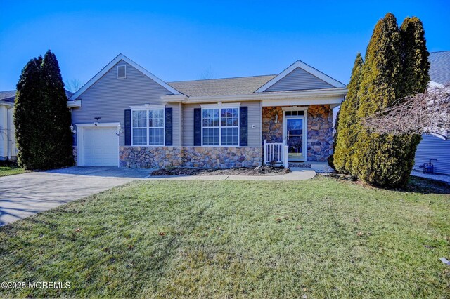 4 Nautic Way, Little Egg Harbor, NJ 08087 - ranch-style house featuring stone siding, driveway, a front yard, and a garage