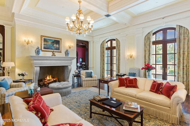 318 Rte 537, Colts Neck, NJ 07722 - living room featuring arched walkways, french doors, beamed ceiling, coffered ceiling, and ornamental molding