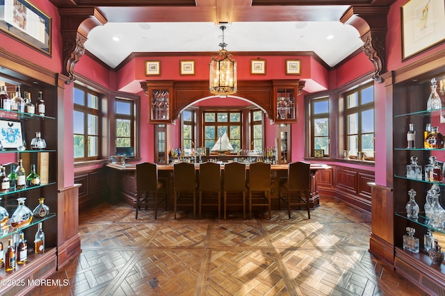 318 Rte 537, Colts Neck, NJ 07722 - indoor bar featuring crown molding, pendant lighting, recessed lighting, and a chandelier