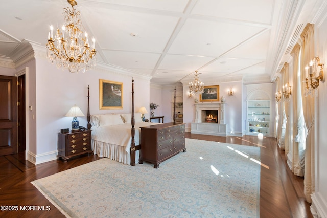 318 Rte 537, Colts Neck, NJ 07722 - bedroom featuring a chandelier, coffered ceiling, and a lit fireplace