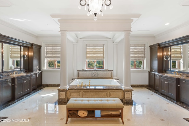 318 Rte 537, Colts Neck, NJ 07722 - full bath featuring ornate columns, healthy amount of natural light, vanity, a bath, and crown molding