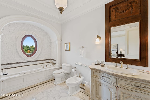 318 Rte 537, Colts Neck, NJ 07722 - bathroom with a bath, a bidet, vanity, marble look tile flooring, and ornamental molding