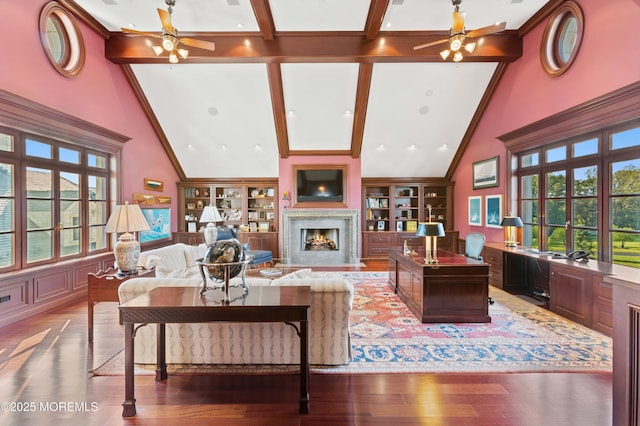 318 Rte 537, Colts Neck, NJ 07722 - living room featuring a ceiling fan, beamed ceiling, a fireplace, healthy amount of natural light, and high vaulted ceiling