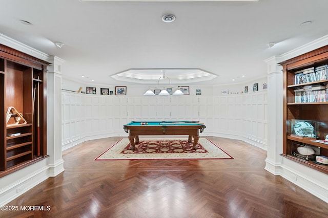 318 Rte 537, Colts Neck, NJ 07722 - playroom with crown molding, a decorative wall, billiards table, a tray ceiling, and decorative columns
