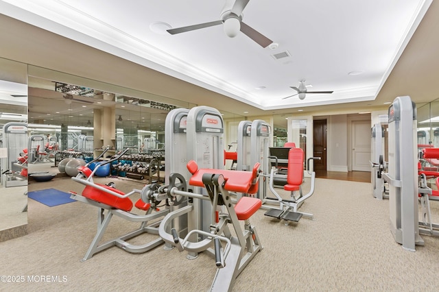318 Rte 537, Colts Neck, NJ 07722 - exercise room featuring a ceiling fan, carpet floors, a tray ceiling, and ornamental molding