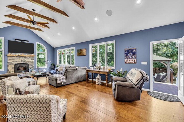 156 Magnolia Ln, Middletown, NJ 07748 - living area featuring ceiling fan, beam ceiling, hardwood / wood-style flooring, a fireplace, and high vaulted ceiling