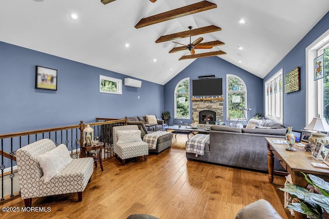 156 Magnolia Ln, Middletown, NJ 07748 - living room featuring a ceiling fan, a wall mounted AC, hardwood / wood-style flooring, beam ceiling, and recessed lighting