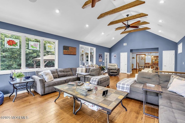 156 Magnolia Ln, Middletown, NJ 07748 - living room featuring high vaulted ceiling, ceiling fan, light wood-type flooring, and recessed lighting