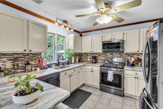 156 Magnolia Ln, Middletown, NJ 07748 - kitchen featuring stainless steel appliances, backsplash, light tile patterned floors, ceiling fan, and ornamental molding