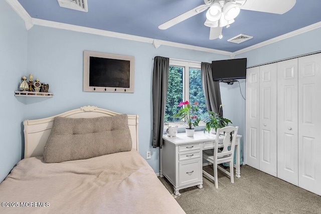 156 Magnolia Ln, Middletown, NJ 07748 - bedroom featuring crown molding, light colored carpet, a closet, and a ceiling fan