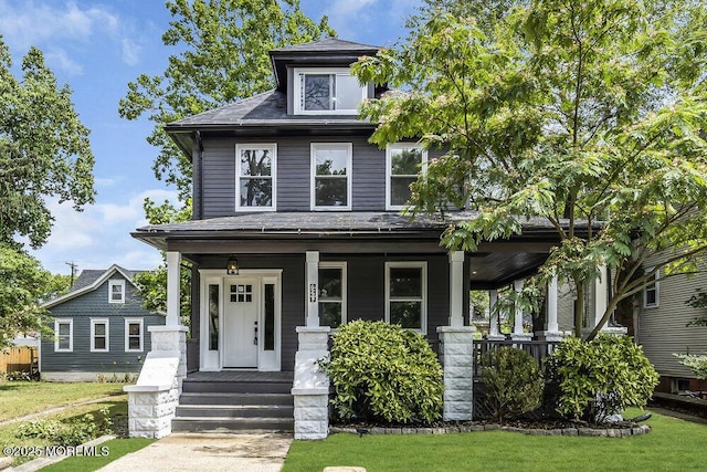 420 Philadelphia Ave, Egg Harbor City, NJ 08215 - american foursquare style home with covered porch, a front yard, and roof with shingles