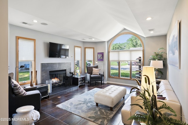 1714 Buttonwood Ave, Toms River, NJ 08755 - living room with lofted ceiling, a high end fireplace, recessed lighting, and dark tile patterned flooring