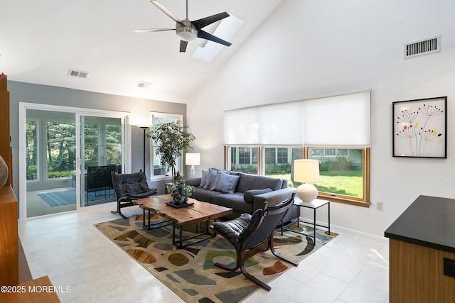 1714 Buttonwood Ave, Toms River, NJ 08755 - living area with high vaulted ceiling, a ceiling fan, light tile patterned floors, and a skylight