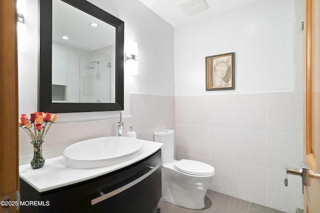 1714 Buttonwood Ave, Toms River, NJ 08755 - bathroom with tile walls, vanity, a shower, tile patterned flooring, and wainscoting