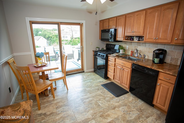 36 Cori St, Parlin, NJ 08859 - kitchen with black appliances, decorative backsplash, ceiling fan, dark stone countertops, and light stone finish flooring