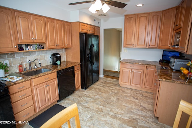 36 Cori St, Parlin, NJ 08859 - kitchen featuring black appliances, ceiling fan, dark stone counters, tasteful backsplash, and brown cabinets