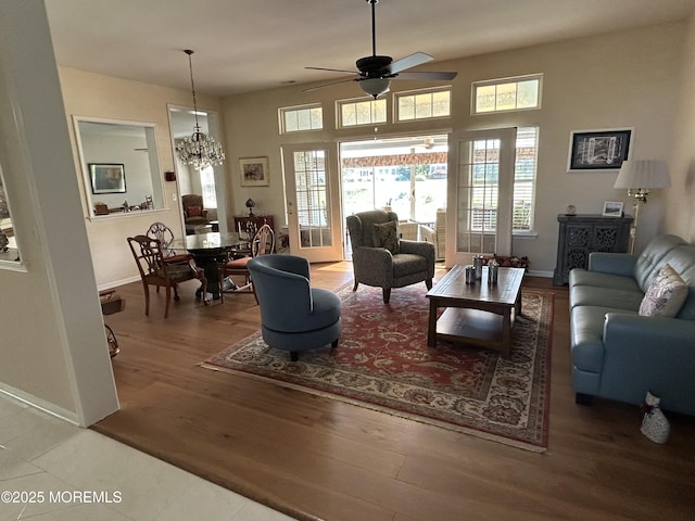 7 Fontaine Ct, Manchester, NJ 08759 - living room with a ceiling fan, plenty of natural light, a chandelier, and wood finished floors